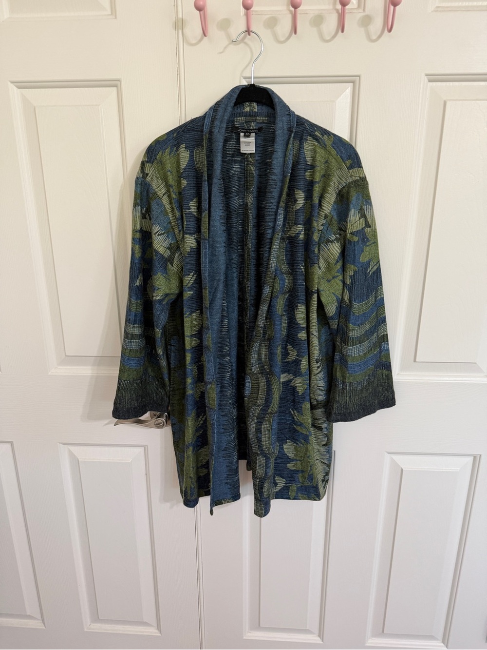 John Mark M Blue Green Floral Open Front Cardigan Artsy Art to Wear Boho